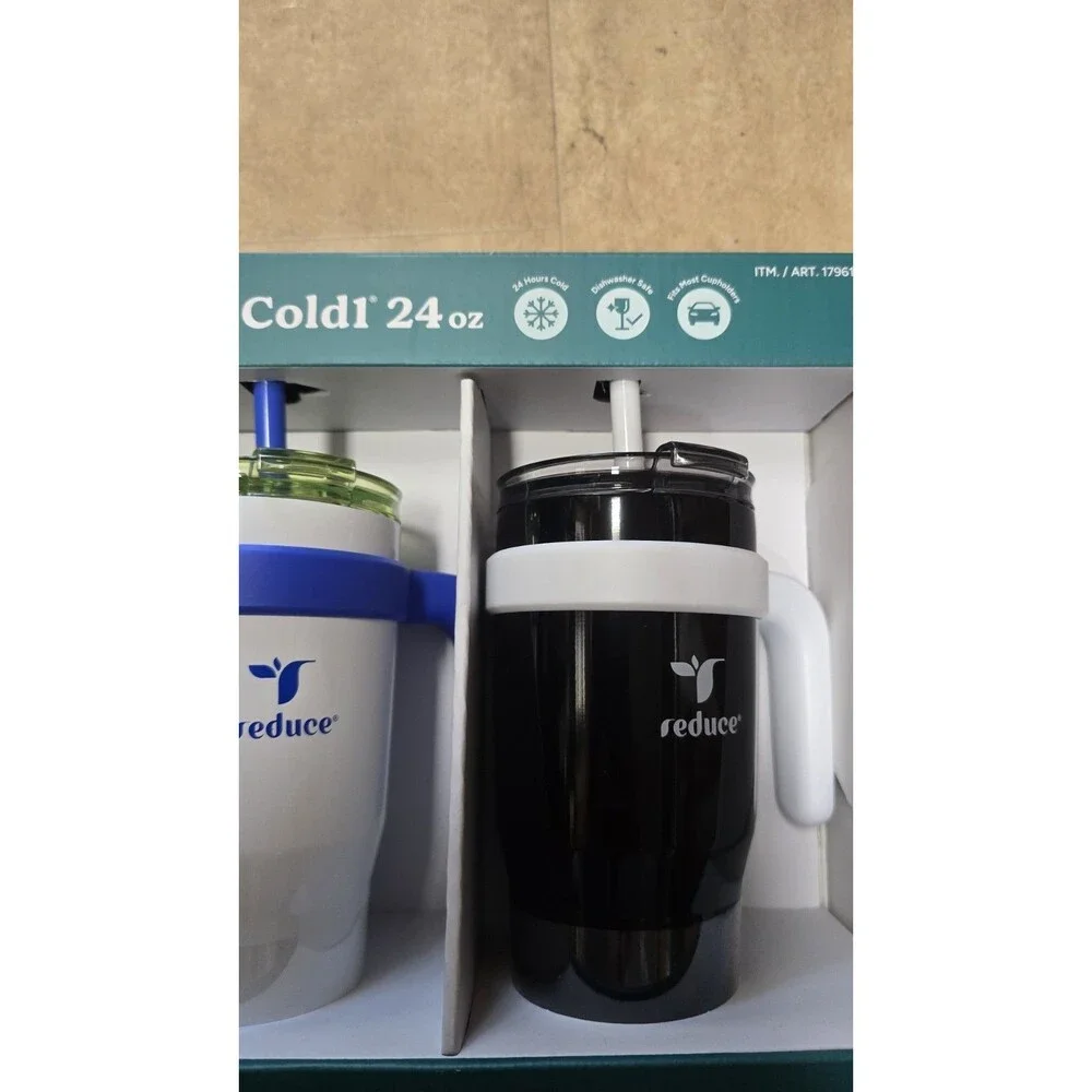 REDUCE 24 oz. Cold1 Tumbler, 2-Pack (Black & White With Blue Trim) New
